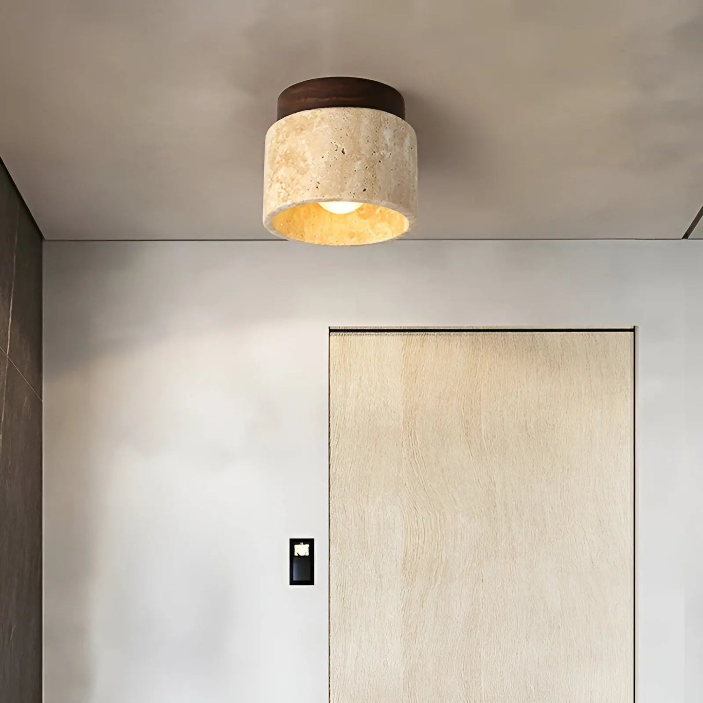 ZenVara Glow – Japanese-Inspired Travertine & Wood LED Lamp